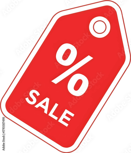 A simple red price tag icon with a large percent symbol and sale text, representing a clearance event, special offer, or a promotional discount
