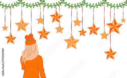 Girl in orange winter clothes gazing at hanging stars, holiday garland decoration above. Modern flat vector, warm festive palette, cozy mood