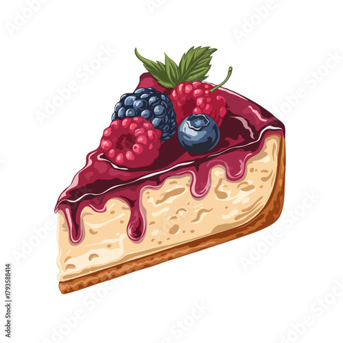 Delicious slice of creamy cheesecake topped with fresh mixed berries and a glossy berry sauce isolated on white background