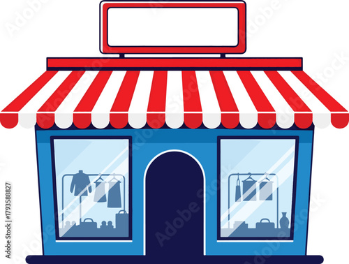 Charming Vector Illustration of a Boutique Shop Front with Red and White Striped Awning, Display Windows, and Blank Signage, Representing Local Retail Business and Shopping Concepts