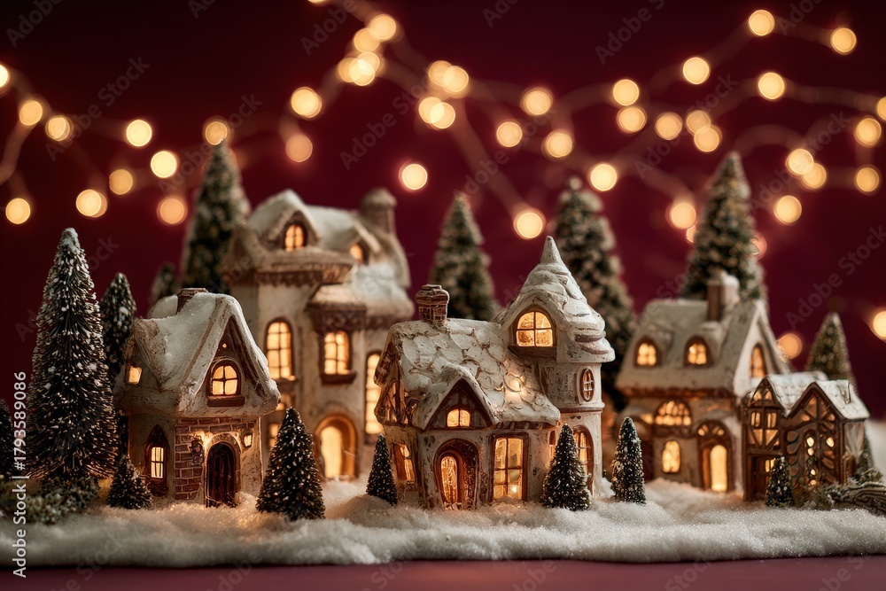 Fototapeta premium Miniature ceramic village scene features glowing windows against a background of festive string lights