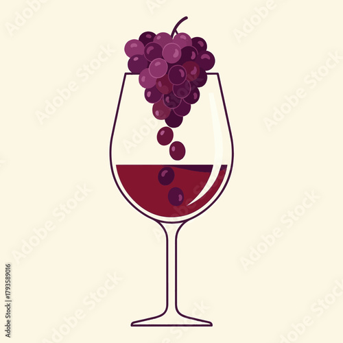 Elegant illustration of a wine glass with a rich red beverage and a cascade of ripe purple grapes, symbolizing winemaking and the pleasure of enjoying a fine drink