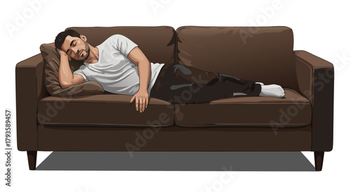 Man relaxing on brown sofa in casual attire with peaceful expression. Man sleeping on couch  