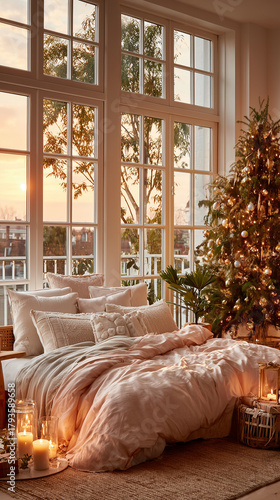 Przytulna sypialnia w ciepłych barwach, z dużym łóżkiem, świąteczną choinką i świecami. Duże okno ukazuje zachód słońca.