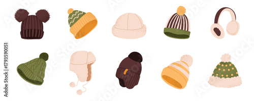 Winter hats set and cozy earmuffs. Warm knitted beanies, wool caps, fur ushanka and trendy cold season accessories. Winter headwear collection. Flat vector illustrations isolated on white background.