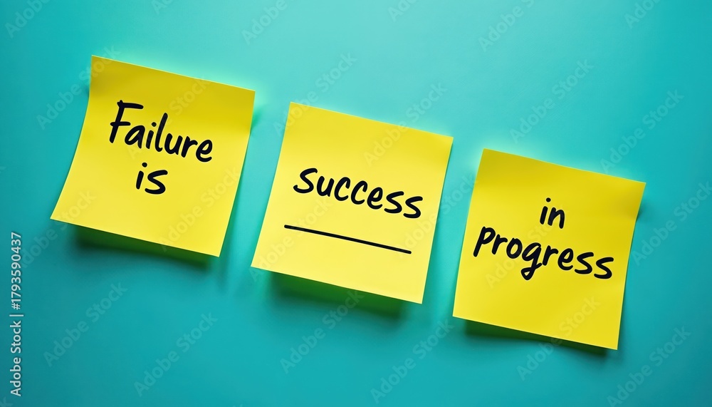Naklejka premium Three yellow sticky notes are placed on a teal background. The first reads Failure is. The second reads Success with a line underneath. The third reads in progress. Concept relates to perseverance.