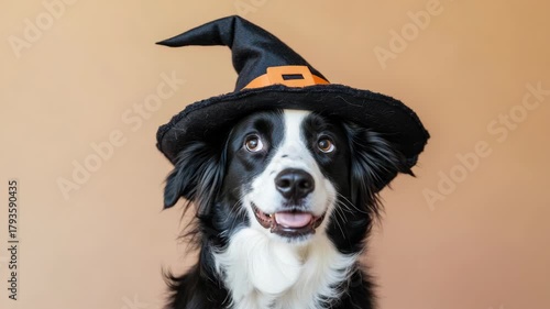 Cute black and white dog wearing a witch hat for Halloween, smiling happily.