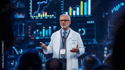 Chief medical officer presents detailed clinical trial visuals confidently