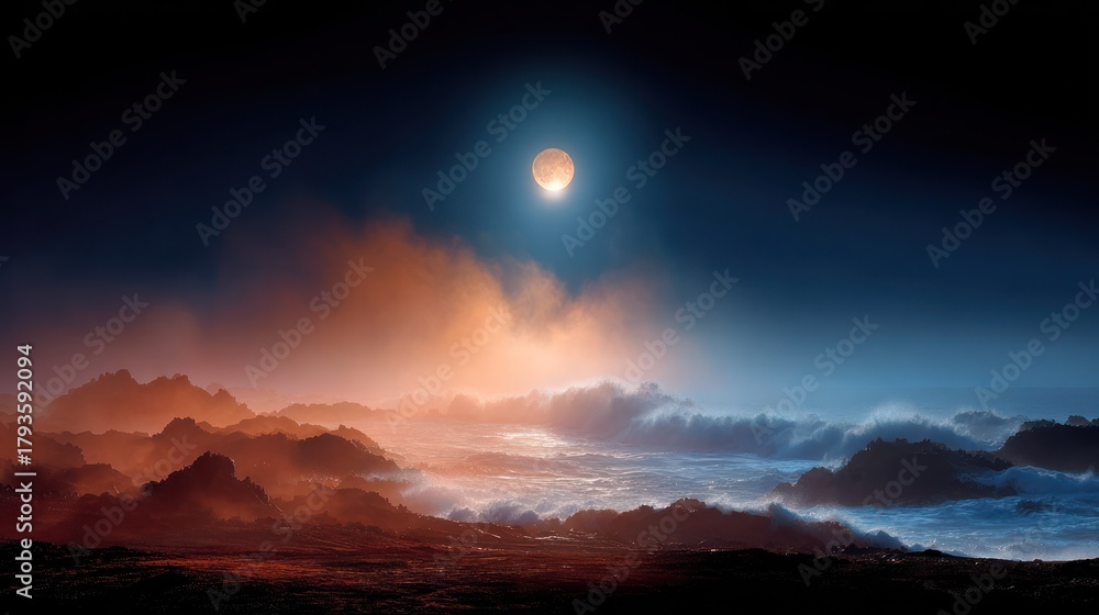 Fototapeta premium Dramatic scenic landscape featuring fiery clouds, glowing moon, and dark, mystic atmosphere