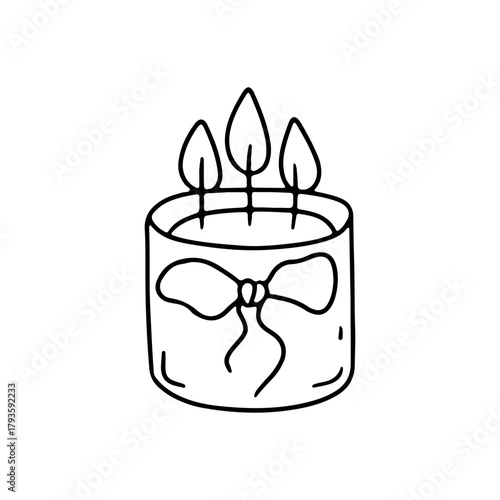 Hand drawn icon of black line paraffing aroma candle with three wicks vector illustration