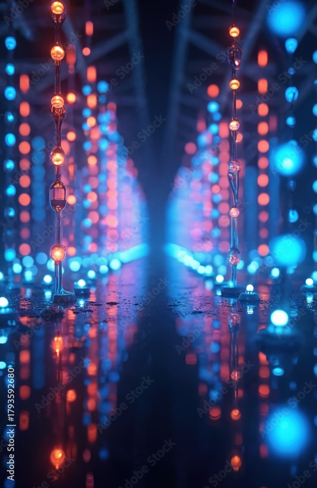Fototapeta premium Abstract space with blue orange lights tunnel. Glowing dots hang in air. Night backdrop with bright illuminations. Sci-fi scene reflects on wet ground. Futuristic concept for design tech projects.