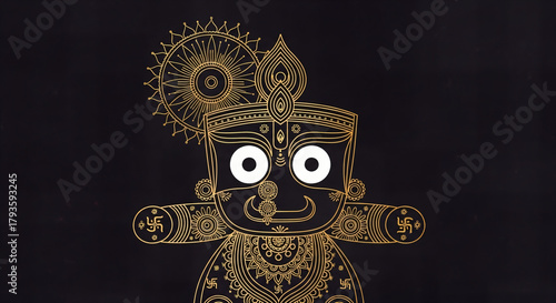 Golden Jagannath art for spiritual designs, hindu festival celebrations and cultural events, ornate hindu god illustration