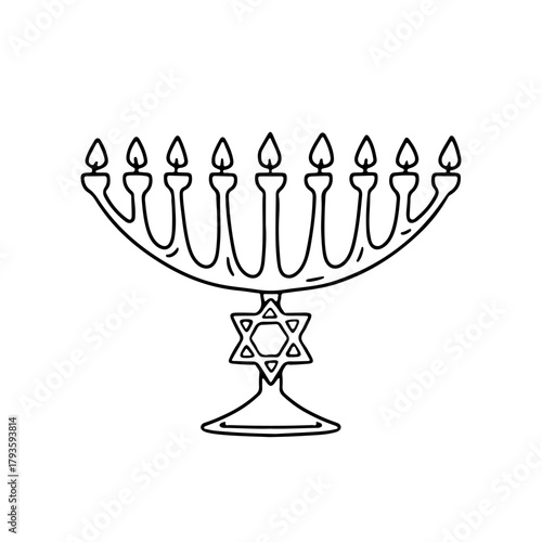 Menorah with David star hand drawn black line icon vector illustration. Linear monochrome hanukkah candlestick clipart