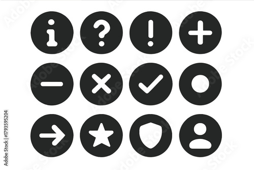 Circle Icons Set. Solid style icons of Circles with info: info in circle, question in circle, exclamation in circle, plus in