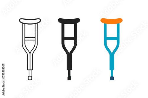 Diverse Crutch Styles. Minimalist crutch icon: three identical medical crutches in side view in a row, first in line style with