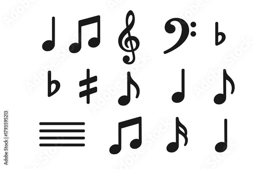Musical Icons Collection. Solid style icons of musical notes and symbols: single note, double note, treble clef, bass clef, flat