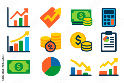 Economy Icon Set. Flat vector icons of economics: inflation chart, rising prices, currency stack, bar graph, calculator, coins,