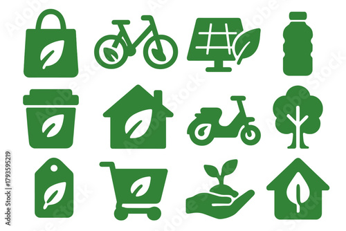 Green Lifestyle Icons. Solid style icons of green lifestyle: reusable bag with leaf, bicycle with leaves, solar panel with leaf,