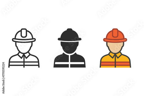 Minimalist Firefighter Icons. Minimalist firefighter profession icon: three identical firefighters with helmets in a row, first in
