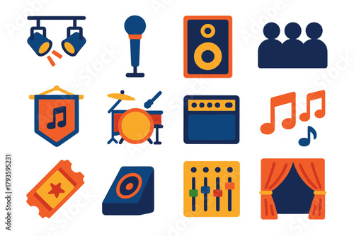 Live Performance Icons. Flat vector icons of live performance: stage lights, microphone stand, speaker, audience silhouette,