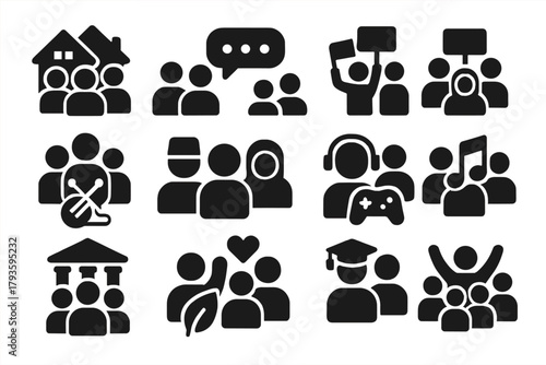 Community Icons. Solid style icons of Communities: neighborhood group, online forum members, activist group, hobby club, cultural