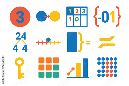 Mathematical Icon Set. Flat vector icons of number theory: prime number, modular arithmetic, divisibility chart, integer set,