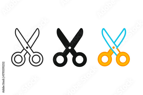 Crafting Scissors Styles. Minimalist crafting hobby icon: three identical scissors with open blades in a row, first in line style