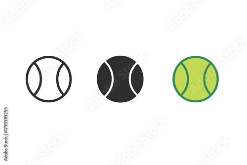 Minimalist Tennis Balls. Minimalist tennis ball icon: three identical tennis balls with curved lines in a row, first in line style