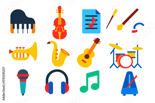 Vibrant Music Icons. Flat vector icons of music: piano, violin, sheet music, conductor baton, trumpet, saxophone, guitar, drum set