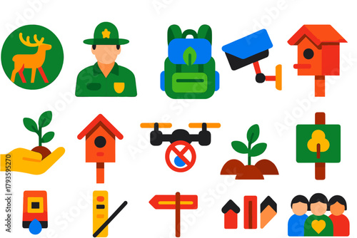 Conservation Icon Set. Flat vector icons of conservation: wildlife reserve, ranger, eco-friendly backpack, camera trap,