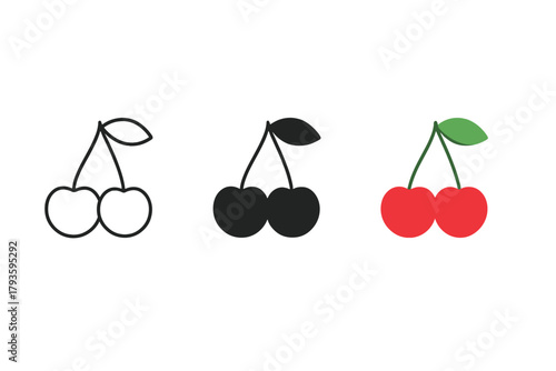 Minimalist Cherry Icons. Minimalist cherry fruit icon: three identical cherries with stems joined together in a row, first in line