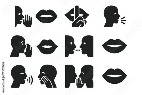 Whispering Icons Collection. Solid style icons of Whispering: secret mouth, gossip lips, hush lips, mouth with finger hush,