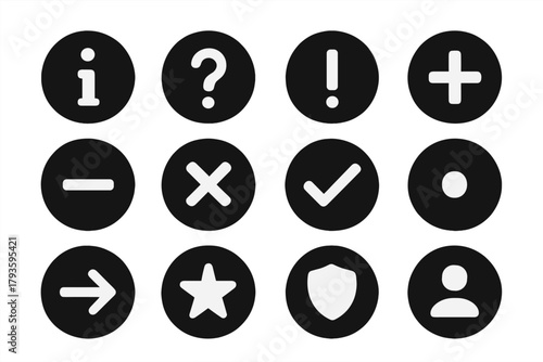 Circle Icons Set. Solid style icons of Circles with info: info in circle, question in circle, exclamation in circle, plus in