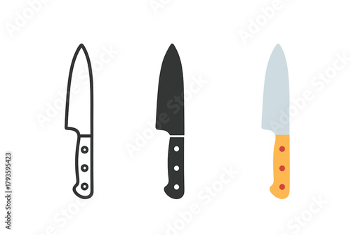 Minimalist Kitchen Knives. Minimalist knife kitchen icon: three identical kitchen knives with sharp blades in a row, first in line