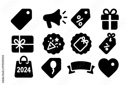 Holiday Gift Icons. Solid style icons of Gift and holiday deals: gift tag, festive sale tag, holiday promo icon, seasonal discount