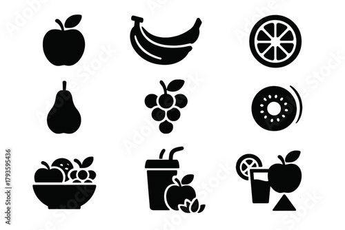 Healthy Fruit Icons. Solid style icons of Healthy fruit: apple with leaf, banana bunch, orange slice, pear with stem, grapes