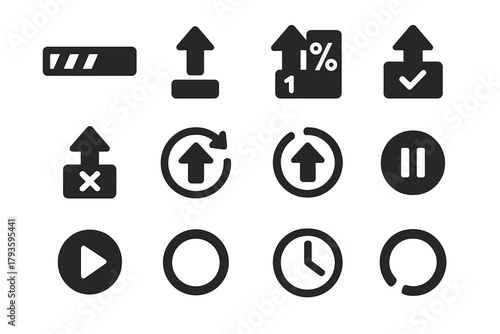 Upload Status Icons. Solid style icons of progress and upload status: uploading bar, progress arrow up, percentage upload,