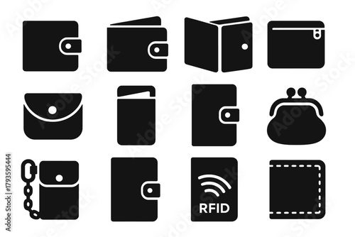 Wallet Icons Collection. Solid style icons of Wallet types: leather wallet, bifold wallet, trifold wallet, zip wallet, coin pouch,