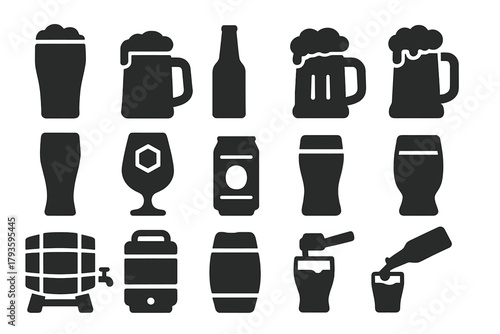 Beer Icons Collection. Solid style icons of Beer: pint glass, beer mug, beer bottle, foamy mug, tall glass, craft beer, beer can,