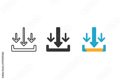 Minimalist Download Icons. Minimalist download internet icon: three identical arrows pointing downward into a tray in a row, first