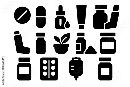 Medicine Icons Collection. Solid style icons of Medicines: pill, capsule, dropper bottle, ointment tube, inhaler, vaccine vial,