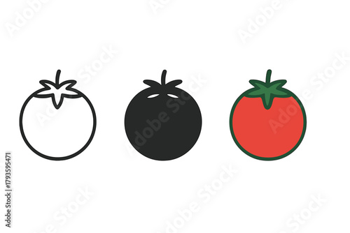 Minimalist Tomato Icons. Minimalist tomato vegetable icon: three identical round tomatoes with small leaves on top in a row, first