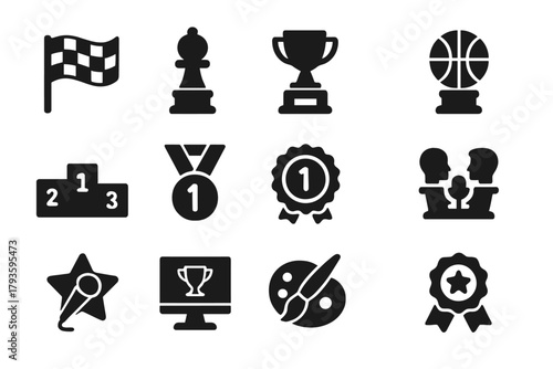 Competition Icons Collection. Solid style icons of Competitions: racing flag, chess trophy, game controller prize, sports ball