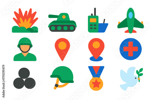 Global Conflict Icons. Flat vector icons of global conflicts: battlefield, tank, warship, airplane, soldier, radio communication,
