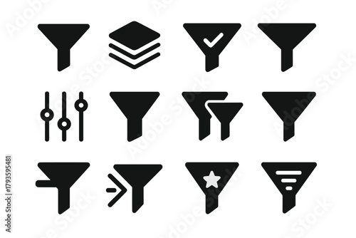 Filter Tool Icons. Solid style icons of filter tools: funnel icon, layered filter, filter with checkmark, adjustable funnel,