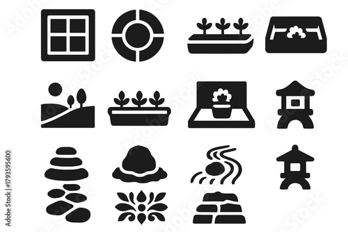 Solid Garden Icons. Solid style icons of Garden Layouts: square garden, circular garden, rectangular tray, wide open garden,