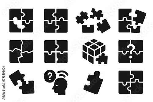Unsolved Puzzle Icons. Solid style icons of Unsolved puzzles: missing corner, incomplete board, scattered pieces, falling puzzle,