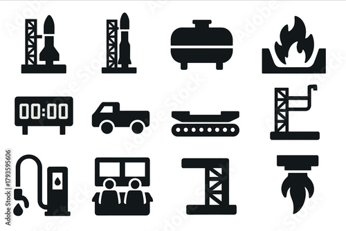 Launch Infrastructure Icons. Solid style icons of launch infrastructure: launch pad, rocket support tower, fuel tank icon, flame