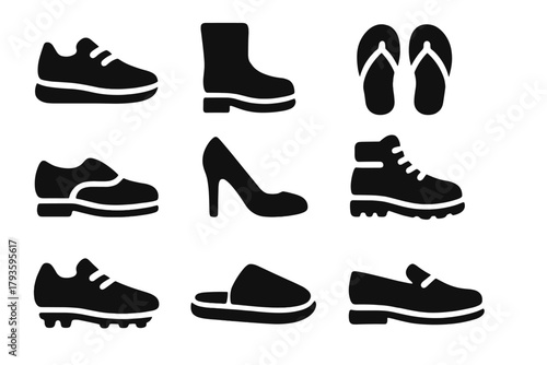 Solid Footwear Icons. Solid style icons of Footwear: sneakers, boots, sandals, flip-flops, dress shoes, high heels, hiking boots,