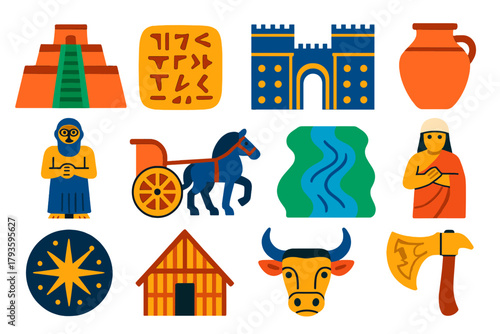 Mesopotamian Icon Set. Flat vector icons of Mesopotamian heritage: ziggurat, cuneiform tablet, Babylonian gate, clay pot, Sumerian